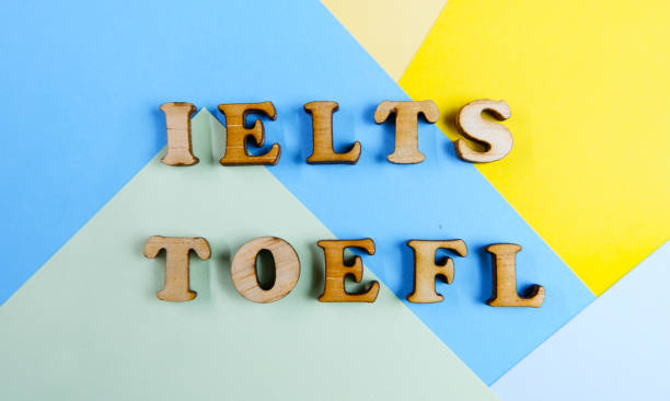 Wooden letters text IELTS TOEFL on colorful background. Motivational Words Quotes Concept. copy space, banner Top view Flat lay seasonal sale, retail, shopping concept. Black friday sale.